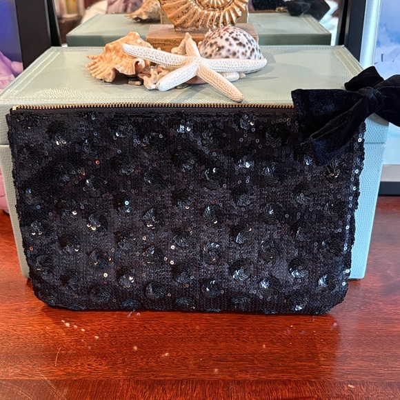 Talbots Handbags - Talbots Black Sequin Wristlet Clutch with Velvet Bow